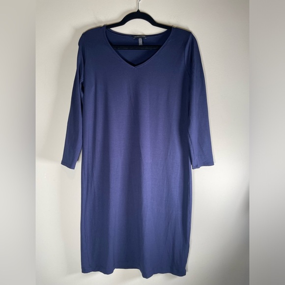Eileen Fisher Viscose Blue V-Neck Pull Over Dress Sz XS Minimalist 3/4 Sleeves - Picture 2 of 9